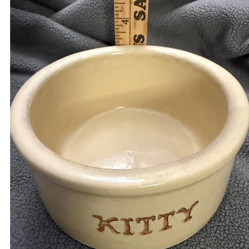 VTG Robinson Ransbottom Roseville Ohio Kitty Stoneware Pet Bowl Cream 5 INCH